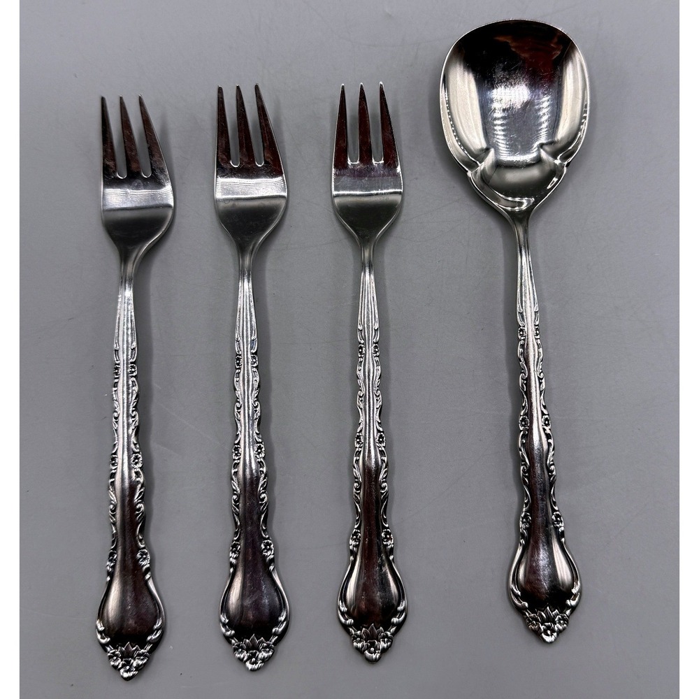International Silver Gigi Stainless Deluxe 3 Cocktail Forks 1 Sugar Spoon 4pc